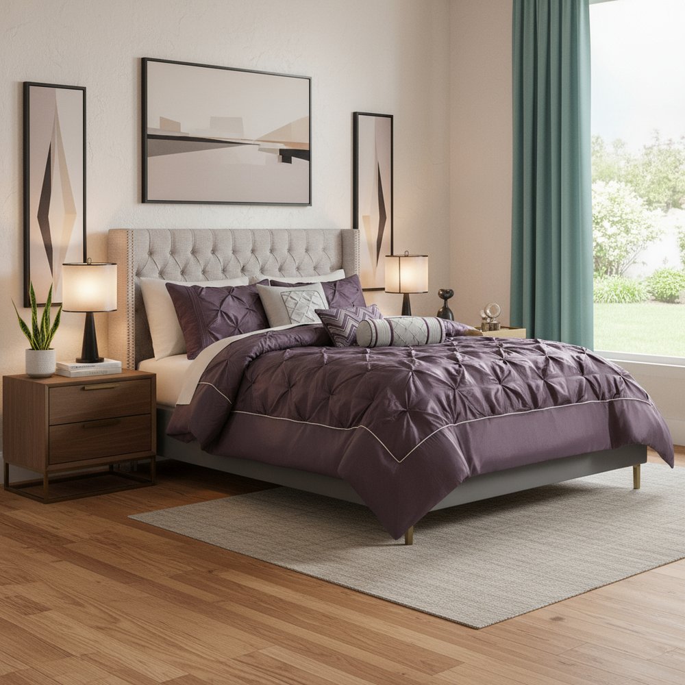 Set of Seven Plum King Ring Stitch Polyester Sham And Comforter