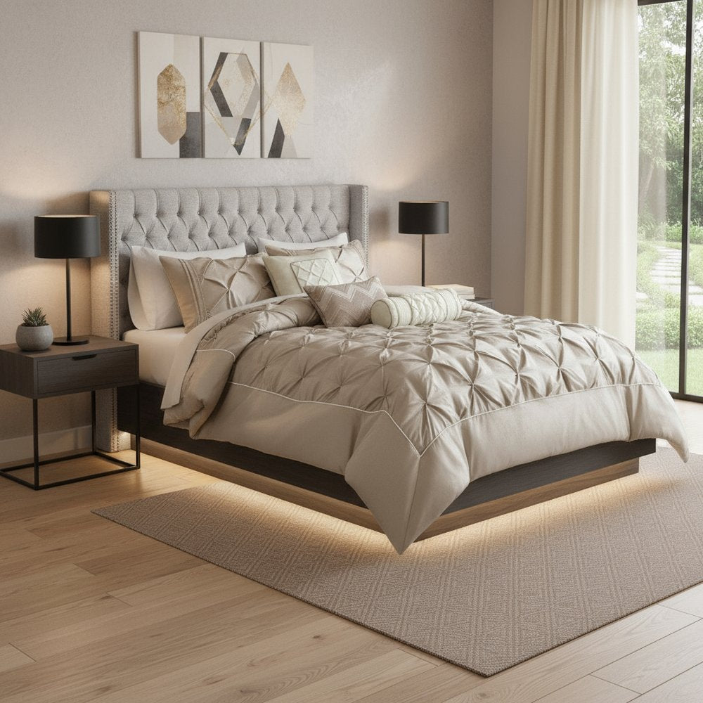 Set of Seven Taupe King Ring Stitch Polyester Sham And Comforter