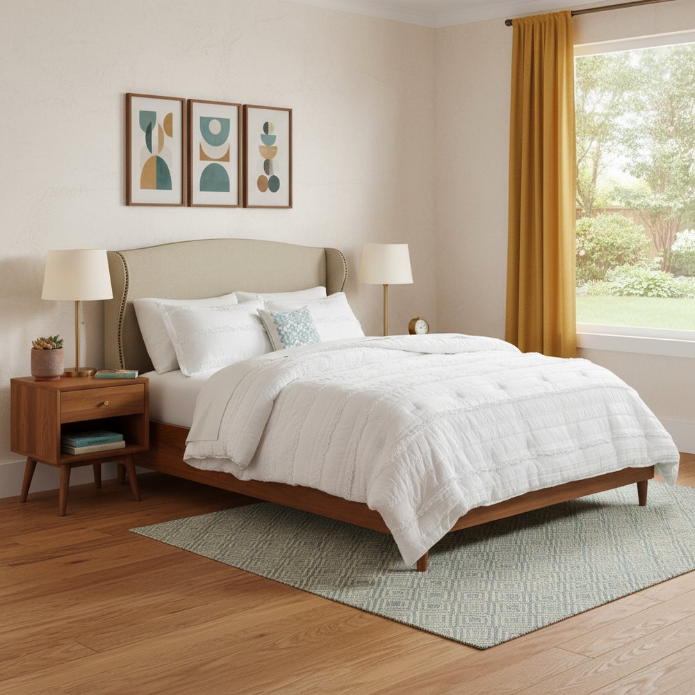 Set of Five White King Ring Stitch Polyester Sham And Comforter