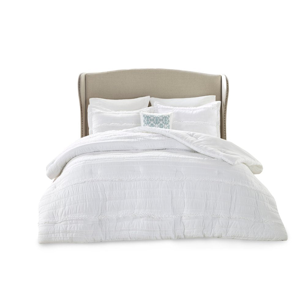 Set of Five White King Ring Stitch Polyester Sham And Comforter