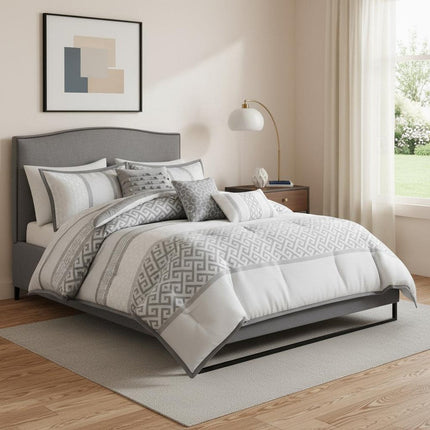 Set of Seven Gray And Ivory Striped King Ring Stitch Polyester Sham And Comforter HomeRoots