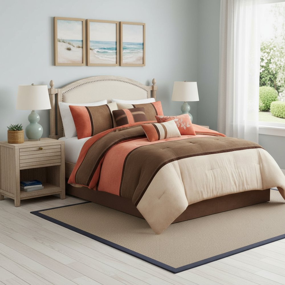 Set of Seven Coral And Brown Striped King Ring Stitch Polyester Sham And Comforter