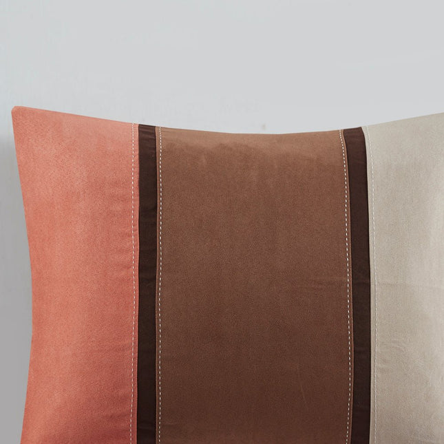 Set of Seven Coral And Brown Striped King Ring Stitch Polyester Sham And Comforter
