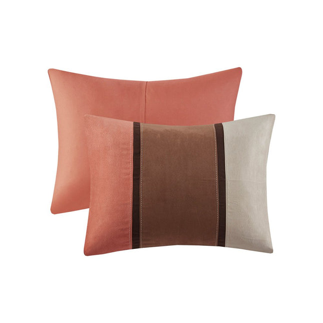 Set of Seven Coral And Brown Striped King Ring Stitch Polyester Sham And Comforter