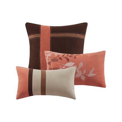 Set of Seven Coral And Brown Striped King Ring Stitch Polyester Sham And Comforter HomeRoots