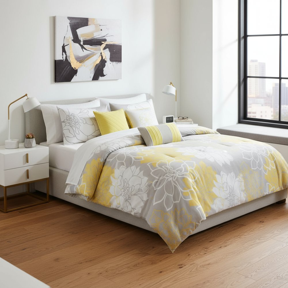 Set of Seven Gray And Yellow Floral Queen Ring Stitch Polyester Sham And Comforter