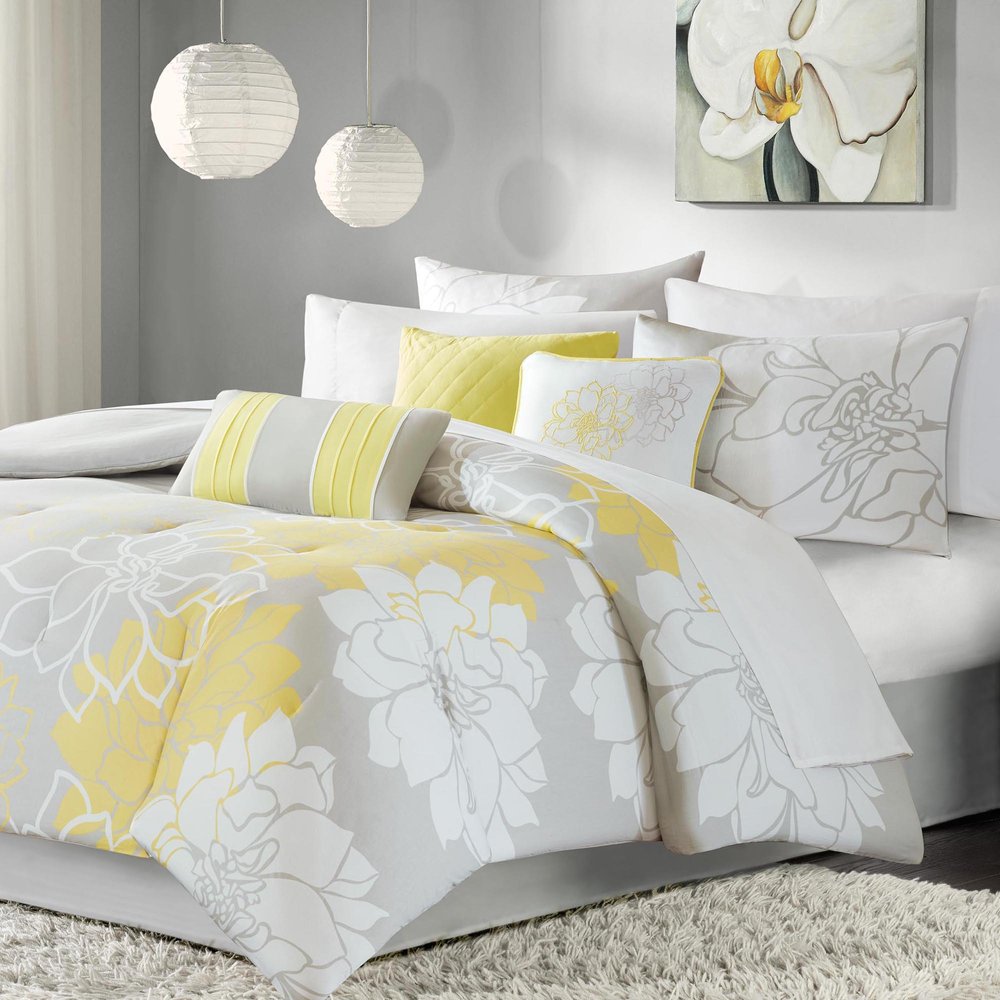 Set of Seven Gray And Yellow Floral Queen Ring Stitch Polyester Sham And Comforter