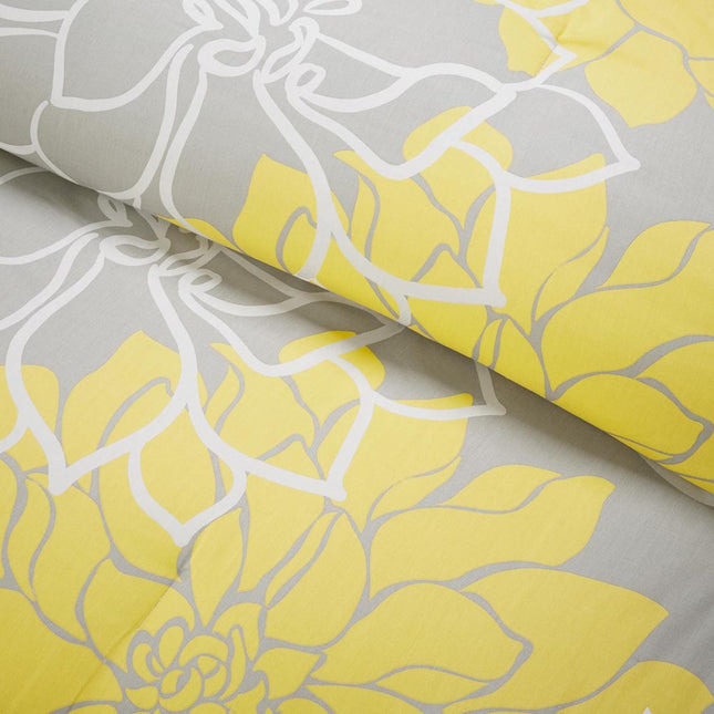 Set of Seven Gray And Yellow Floral Queen Ring Stitch Polyester Sham And Comforter