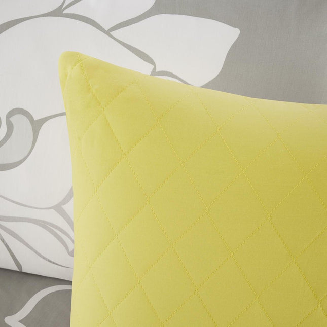 Set of Seven Gray And Yellow Floral Queen Ring Stitch Polyester Sham And Comforter