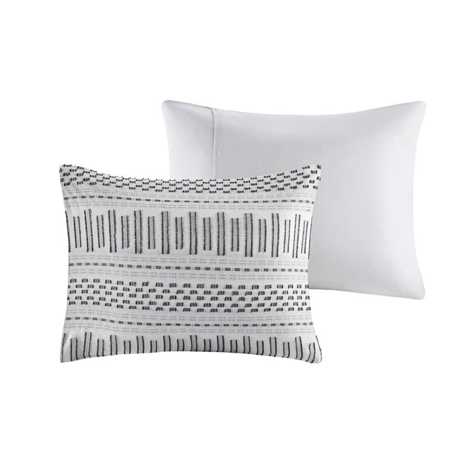 Set of Three Gray And Ivory Striped Queen Ring Stitch Sham And Comforter
