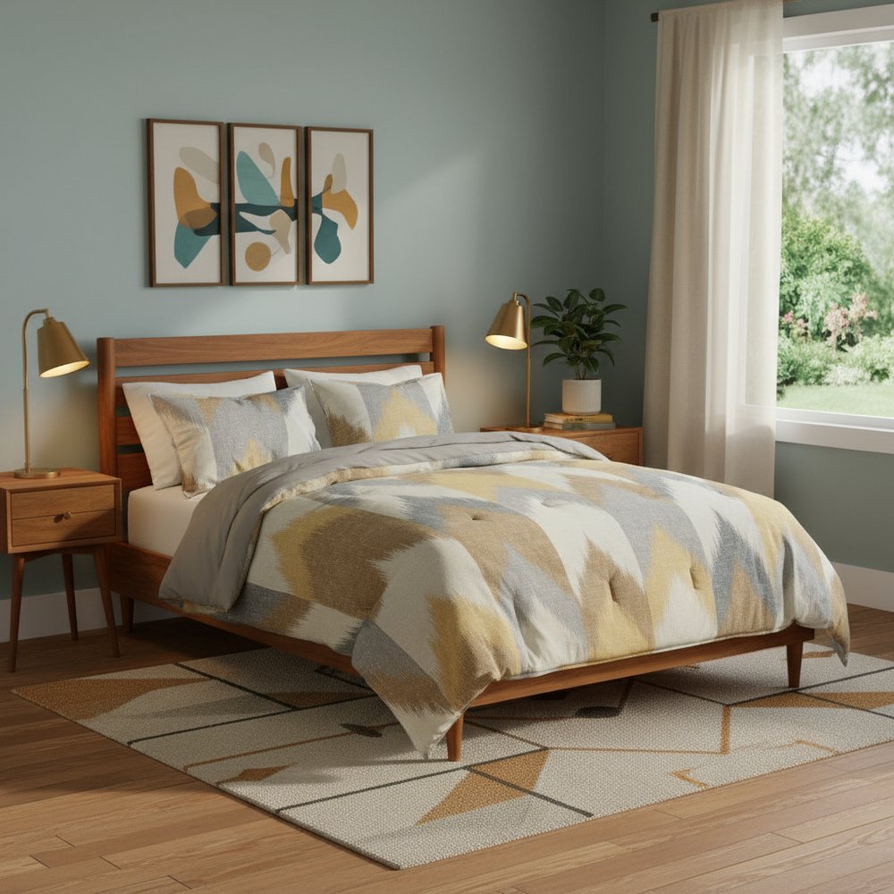 Set of Three Gray And Ivory Queen Ring Stitch Polyester Sham And Comforter