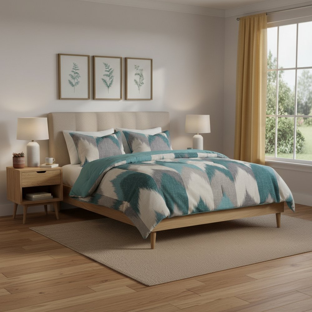 Set of Three Aqua And White Ring Stitch Polyester Sham And Comforter