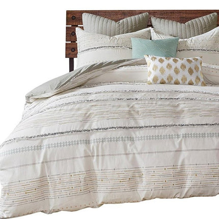 Set of Three Off White And Gray Striped King Ring Stitch Sham And Comforter HomeRoots