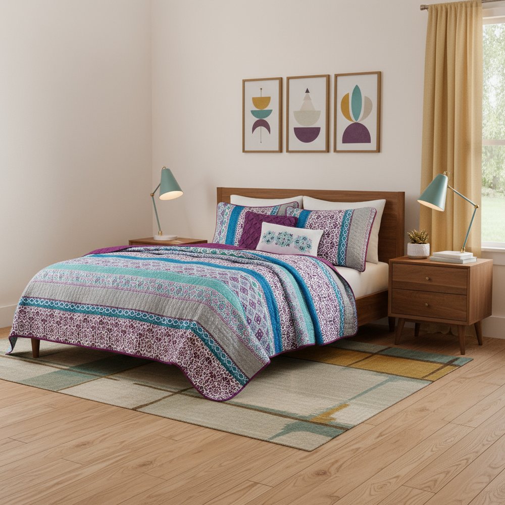 Set of Five Purple And Ivory Striped Queen Ring Stitch Sham And Comforter