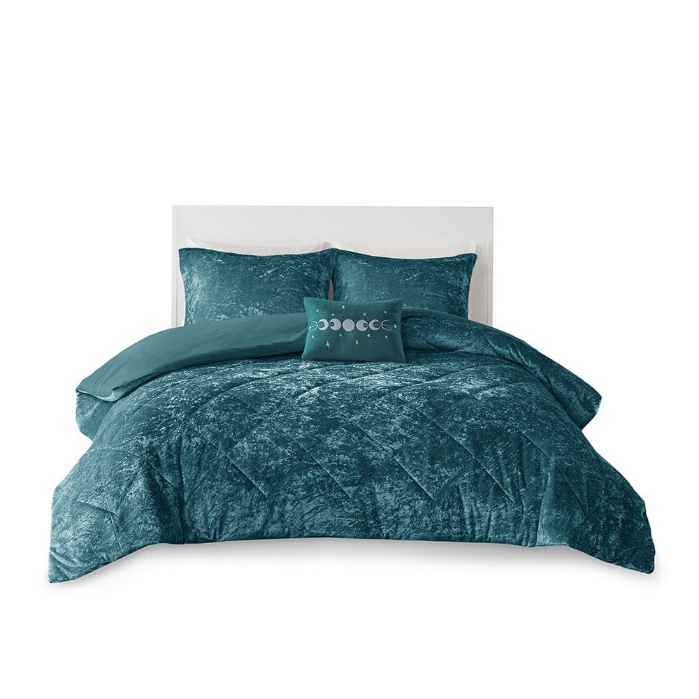 Set of Four Teal Blue King Ring Stitch Polyester Sham And Comforter