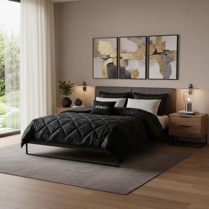 Set of Three Black Twin Ring Stitch Polyester Sham And Comforter