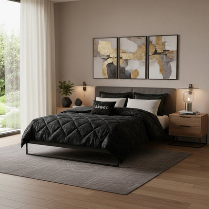 Set of Three Black Twin Ring Stitch Polyester Sham And Comforter HomeRoots