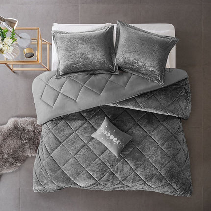 Set of Three Gray Twin Ring Stitch Polyester Sham And Comforter HomeRoots
