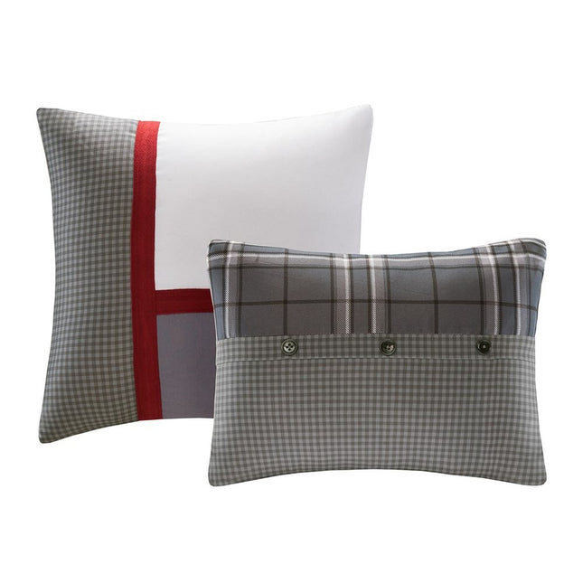 Set of Five Gray And White Plaid Queen Ring Stitch Polyester Sham And Comforter