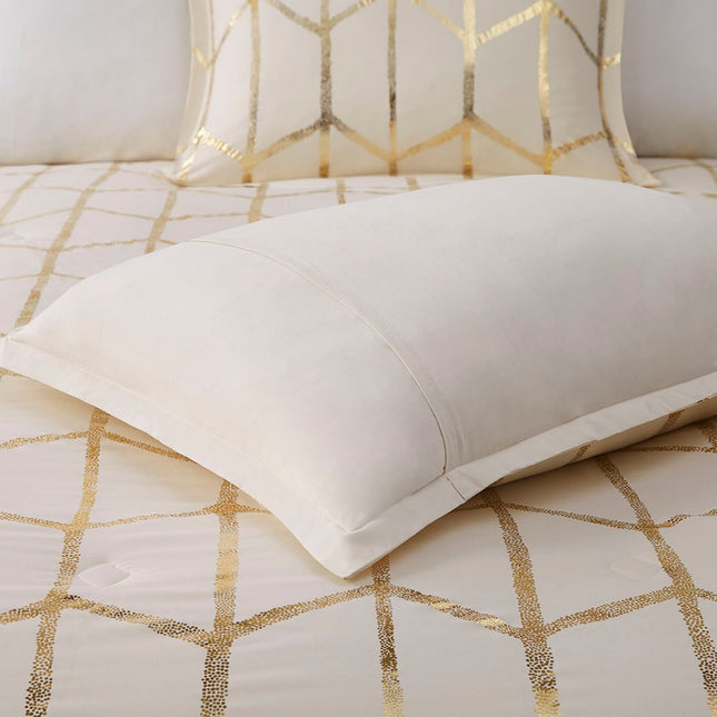 Set of Four Gold And Ivory Geometric Ring Stitch Polyester Sham And Comforter