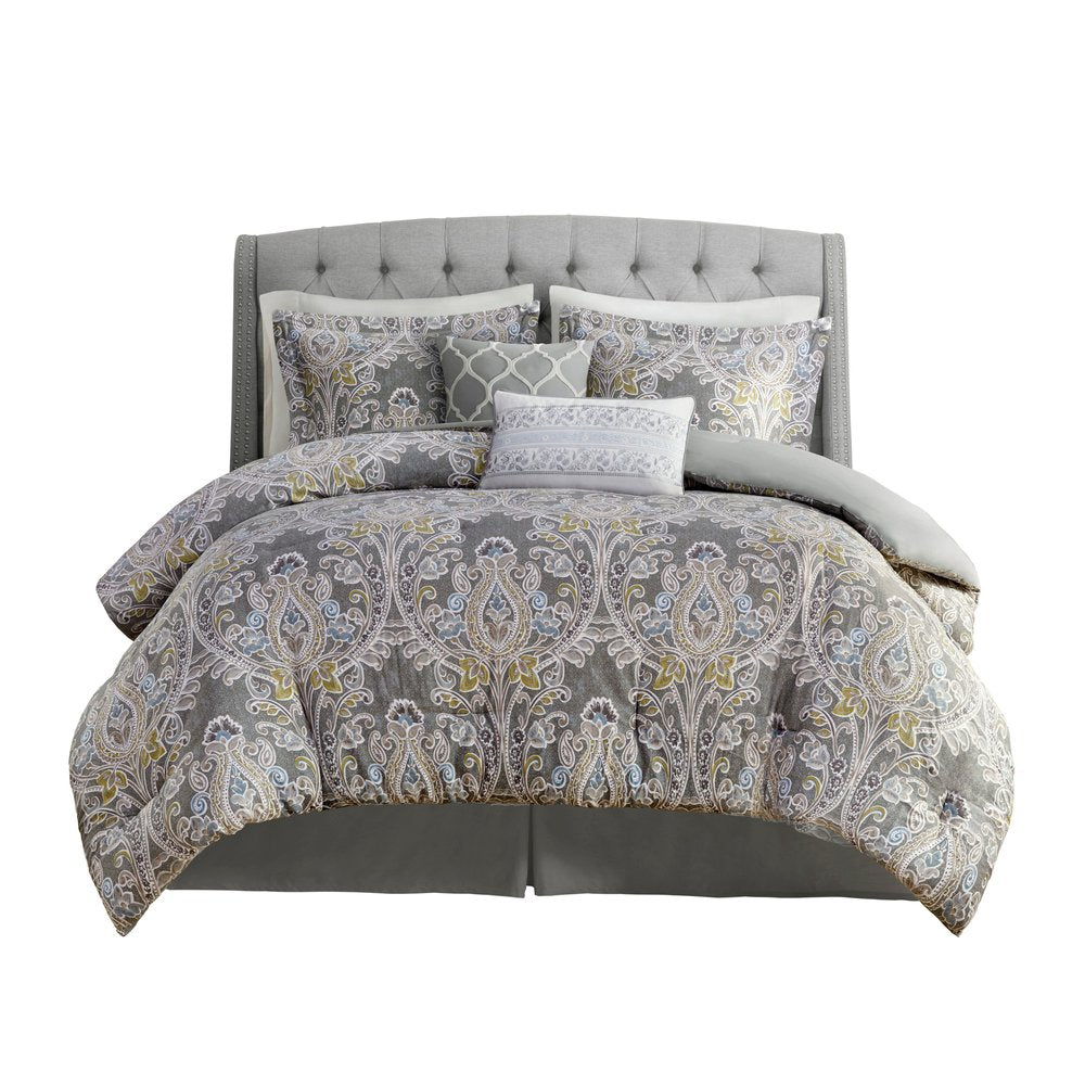Set of Six Gray And Ivory Damask King Ring Stitch Sham And Comforter