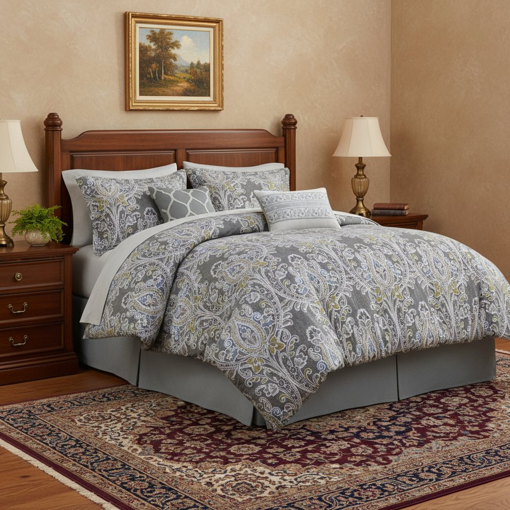 Set of Six Gray And Ivory Damask King Ring Stitch Sham And Comforter