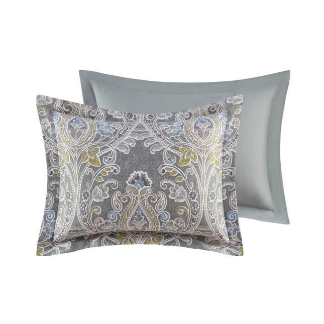 Set of Six Gray And Ivory Damask King Ring Stitch Sham And Comforter