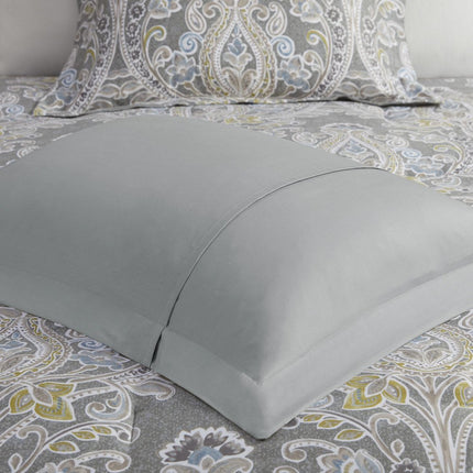Set of Six Gray And Ivory Damask King Ring Stitch Sham And Comforter