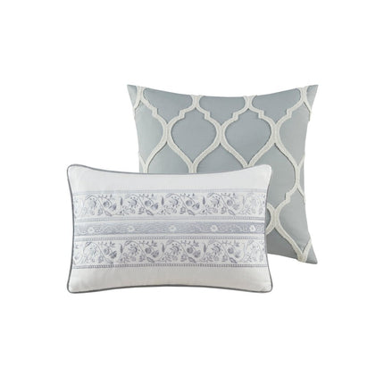 Set of Six Gray And Ivory Damask King Ring Stitch Sham And Comforter