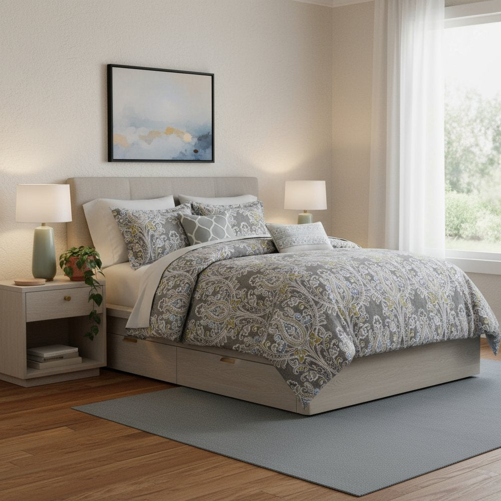 Set of Six Gray And Ivory Damask King Ring Stitch Sham And Comforter