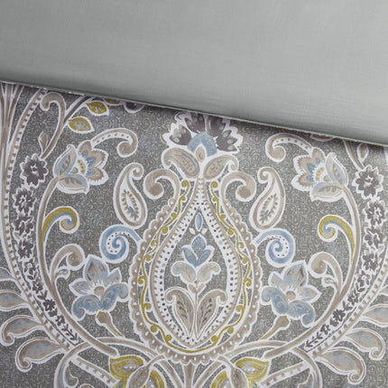 Set of Six Gray And Ivory Damask King Ring Stitch Sham And Comforter