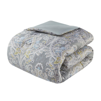 Set of Six Gray And Ivory Damask King Ring Stitch Sham And Comforter