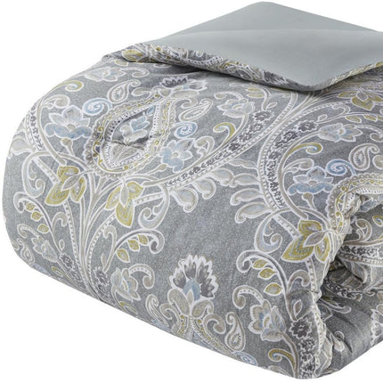 Set of Six Gray And Ivory Damask King Ring Stitch Sham And Comforter