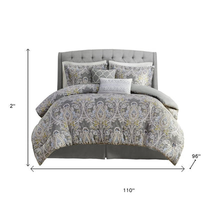 Set of Six Gray And Ivory Damask King Ring Stitch Sham And Comforter
