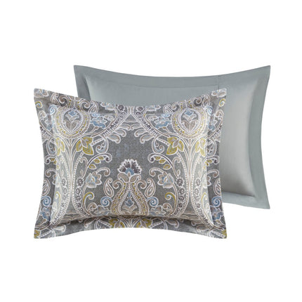 Set of Six Gray And Ivory Damask King Ring Stitch Sham And Comforter