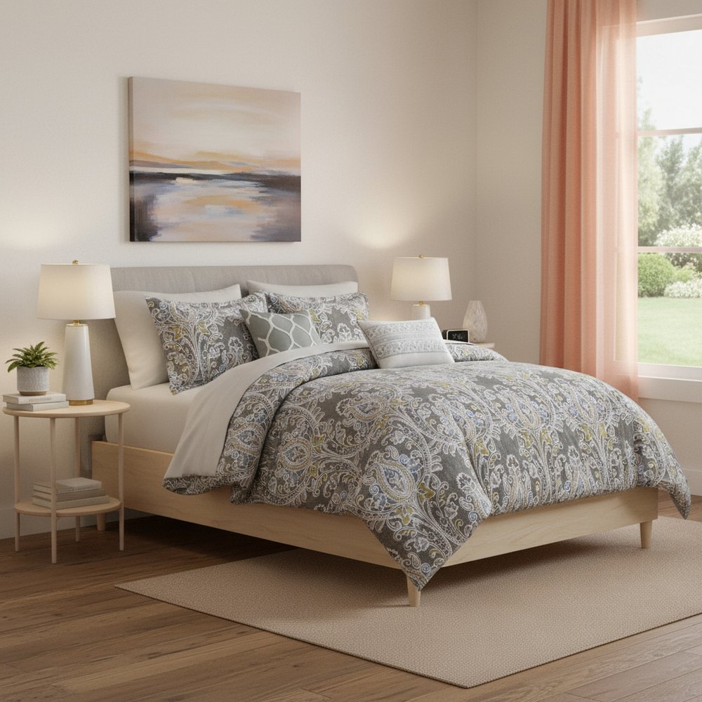 Set of Six Gray And Ivory Damask Full Ring Stitch Sham And Comforter