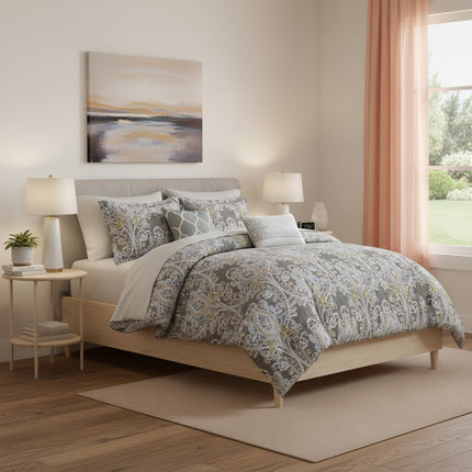 Set of Six Gray And Ivory Damask Full Ring Stitch Sham And Comforter HomeRoots