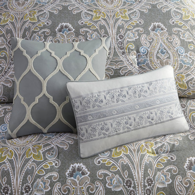 Set of Six Gray And Ivory Damask Full Ring Stitch Sham And Comforter HomeRoots