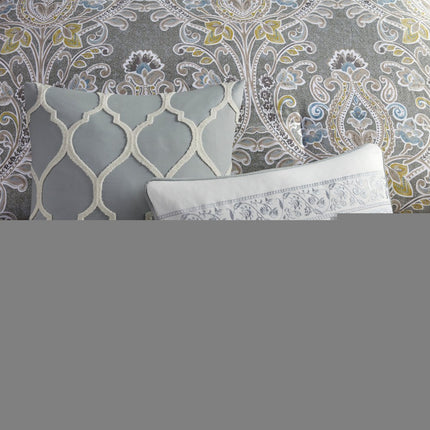 Set of Six Gray And Ivory Damask Full Ring Stitch Sham And Comforter HomeRoots