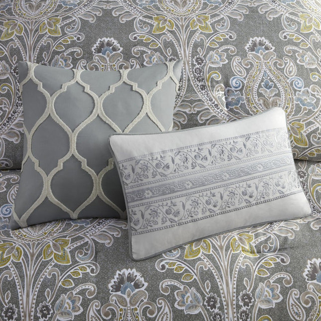 Set of Six Gray And Ivory Damask Full Ring Stitch Sham And Comforter
