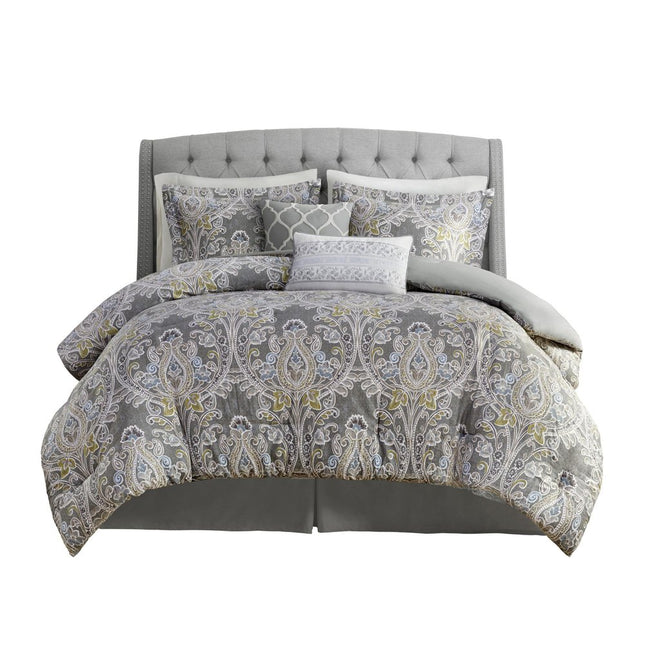 Set of Six Gray And Ivory Damask Full Ring Stitch Sham And Comforter