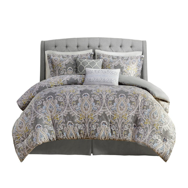 Set of Six Gray And Ivory Damask Full Ring Stitch Sham And Comforter HomeRoots