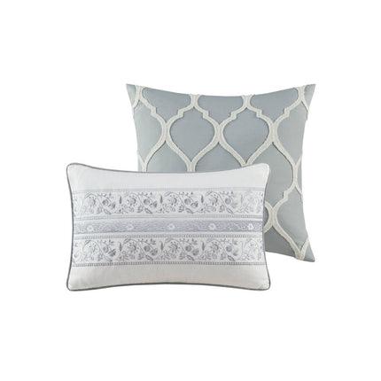 Set of Six Gray And Ivory Damask Full Ring Stitch Sham And Comforter HomeRoots