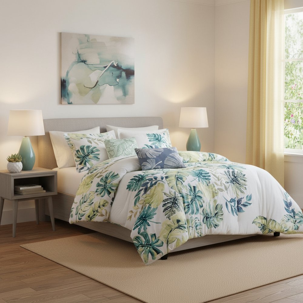 Set of Six White Blue And Green King Ring Stitch Sham And Comforter