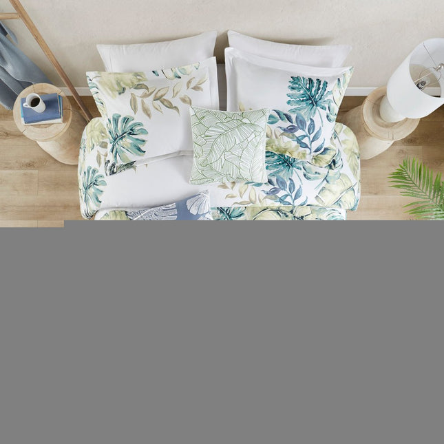 Set of Six White Blue And Green Queen Ring Stitch Sham And Comforter HomeRoots