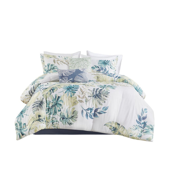 Set of Six White Blue And Green Queen Ring Stitch Sham And Comforter
