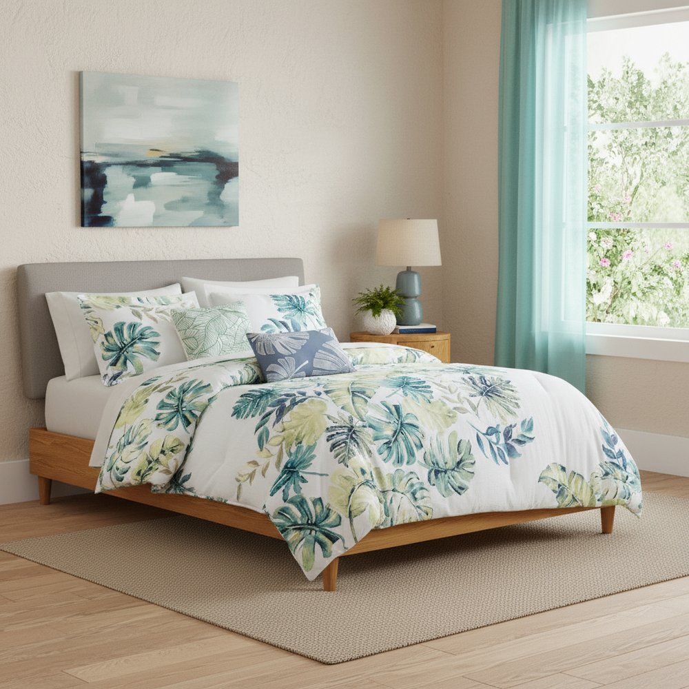 Set of Six White Blue And Green Queen Ring Stitch Sham And Comforter