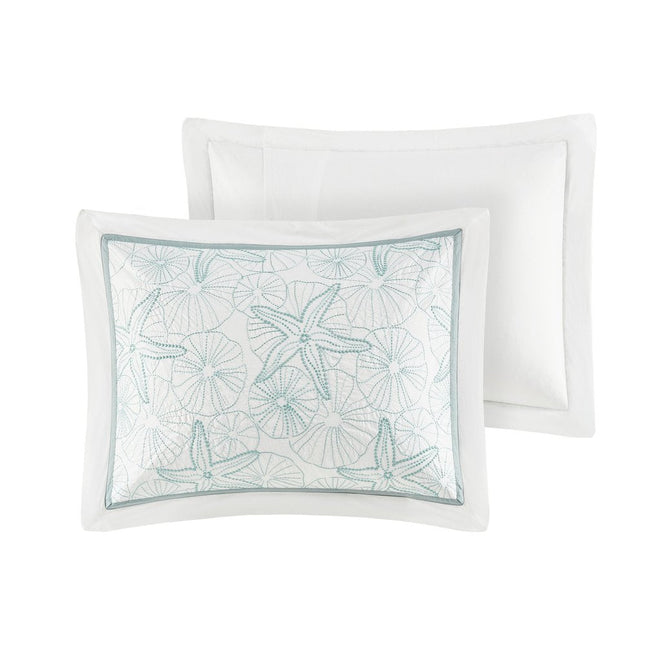 Set of Four White And Aqua King Ring Stitch Sham And Comforter HomeRoots