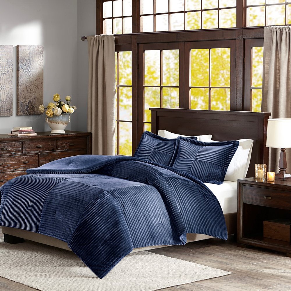 Set of Three Blue King Ring Stitch Polyester Sham And Comforter