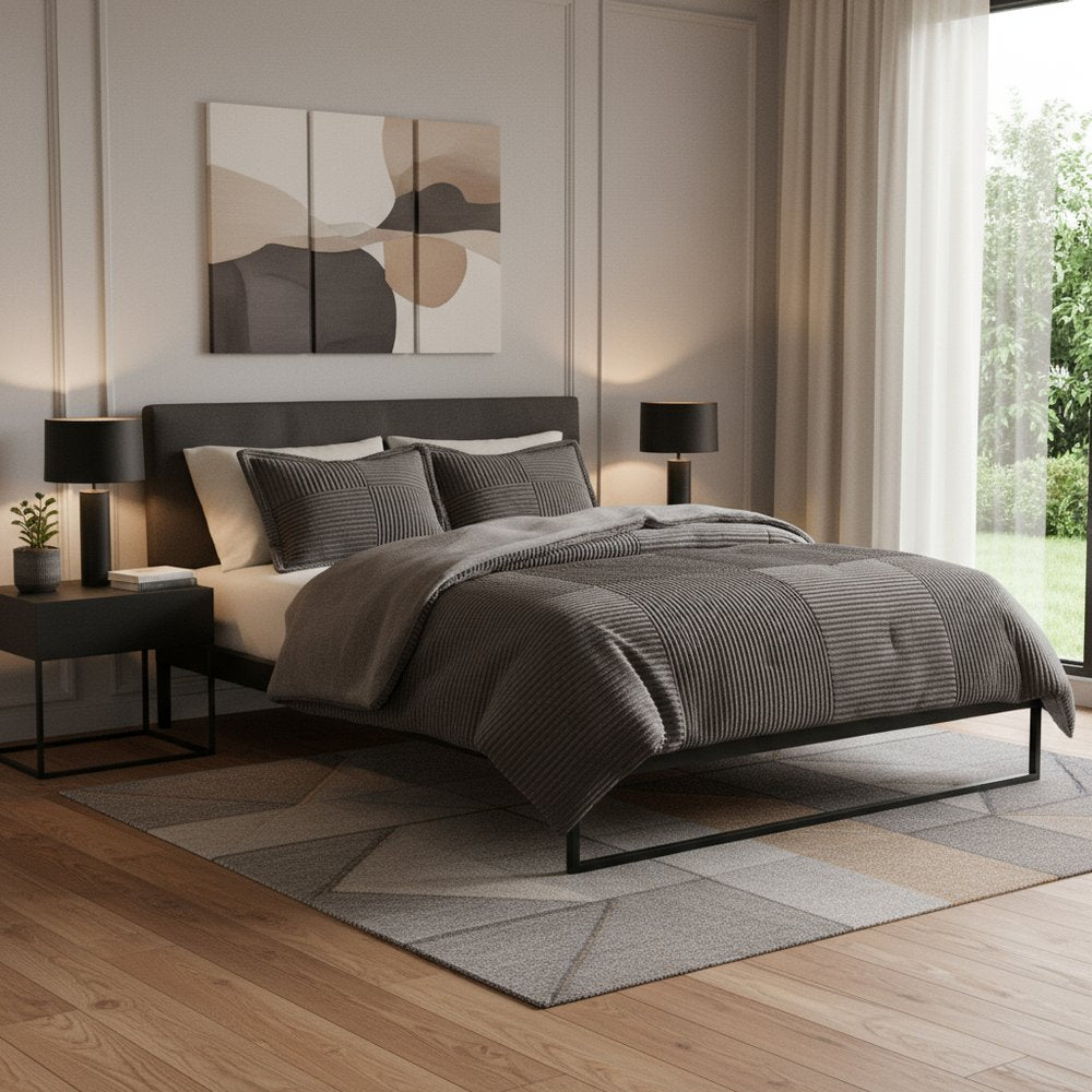 Set of Three Taupe Queen Ring Stitch Polyester Sham And Comforter